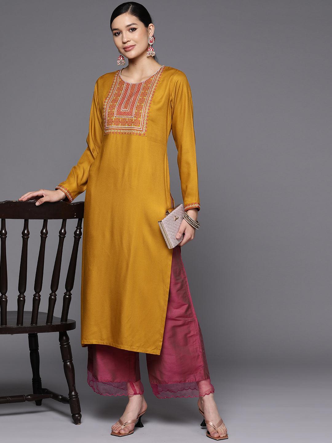 Mustard Yoke Design Wool Straight Kurta - Libas