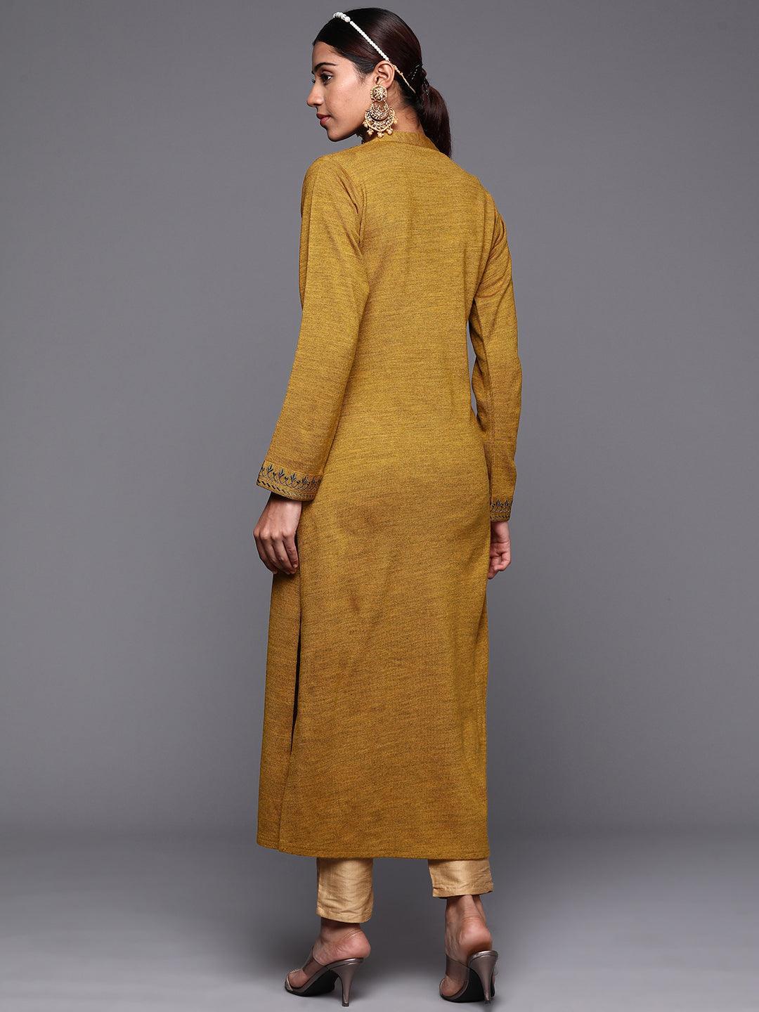 Mustard Yoke Design Wool Straight Kurta