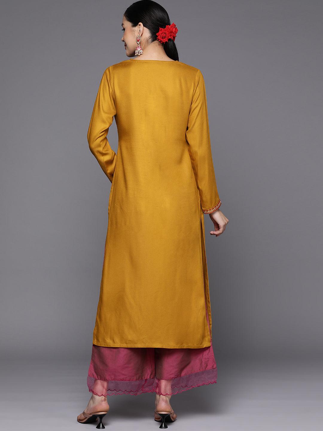 Mustard Yoke Design Wool Straight Kurta - Libas