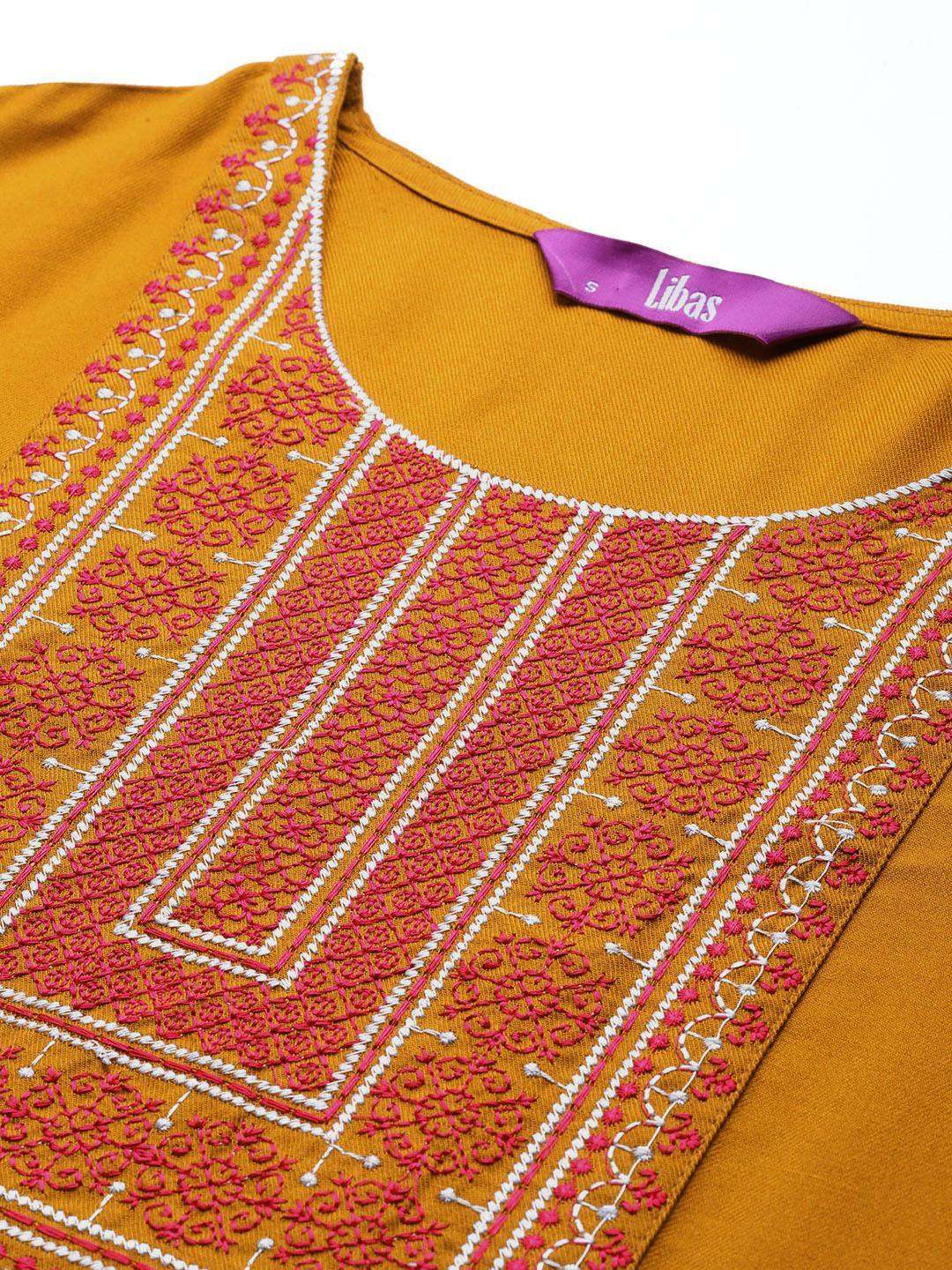 Mustard Yoke Design Wool Straight Kurta - Libas