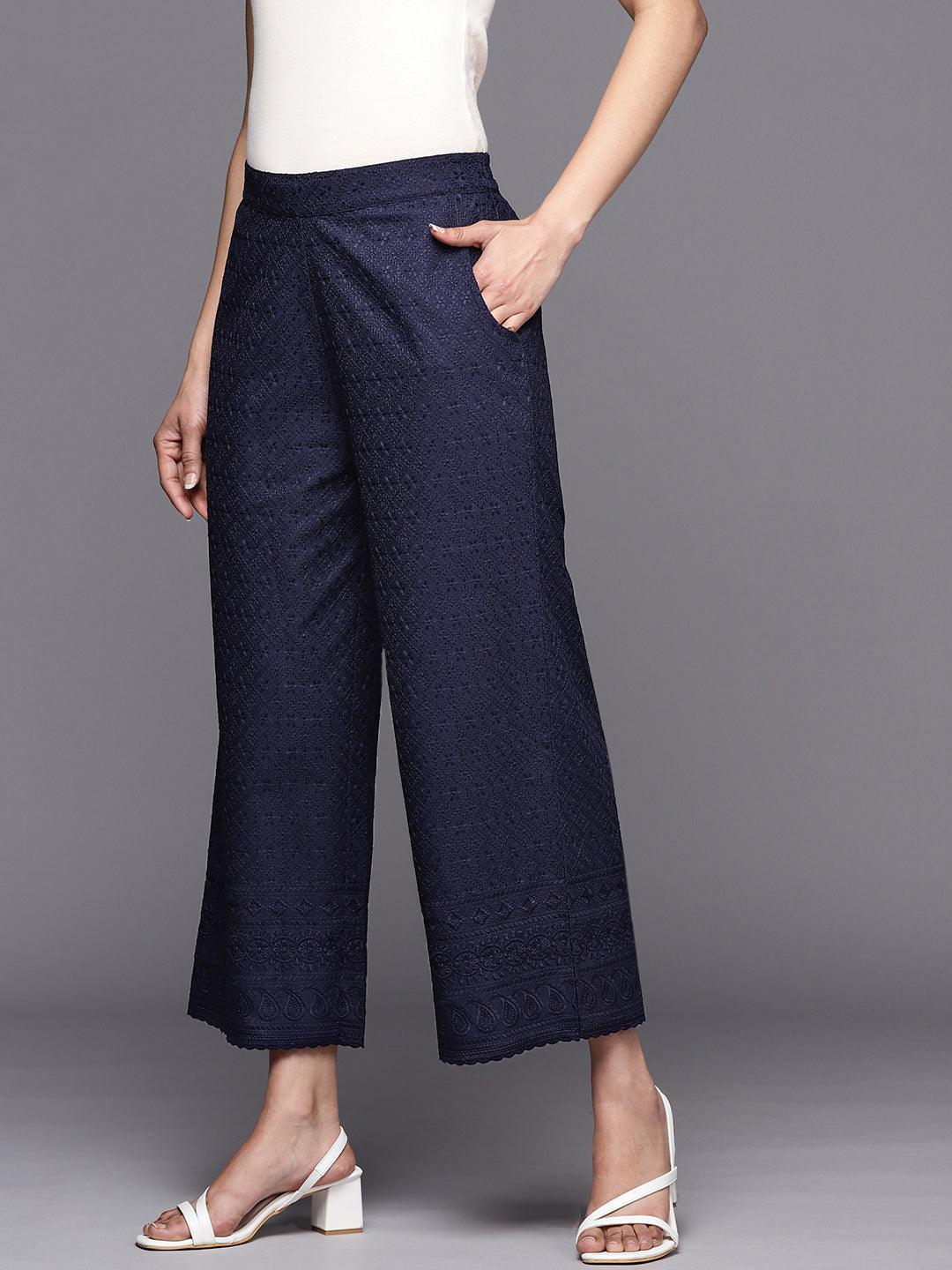 Navy Blue Embroidered Cotton Palazzos