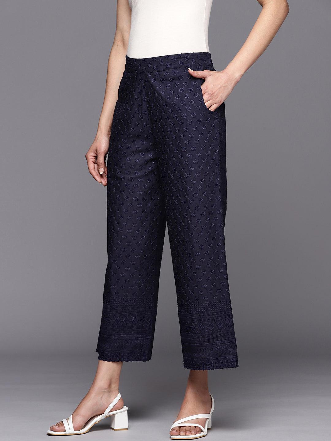 Navy Blue Embroidered Cotton Palazzos