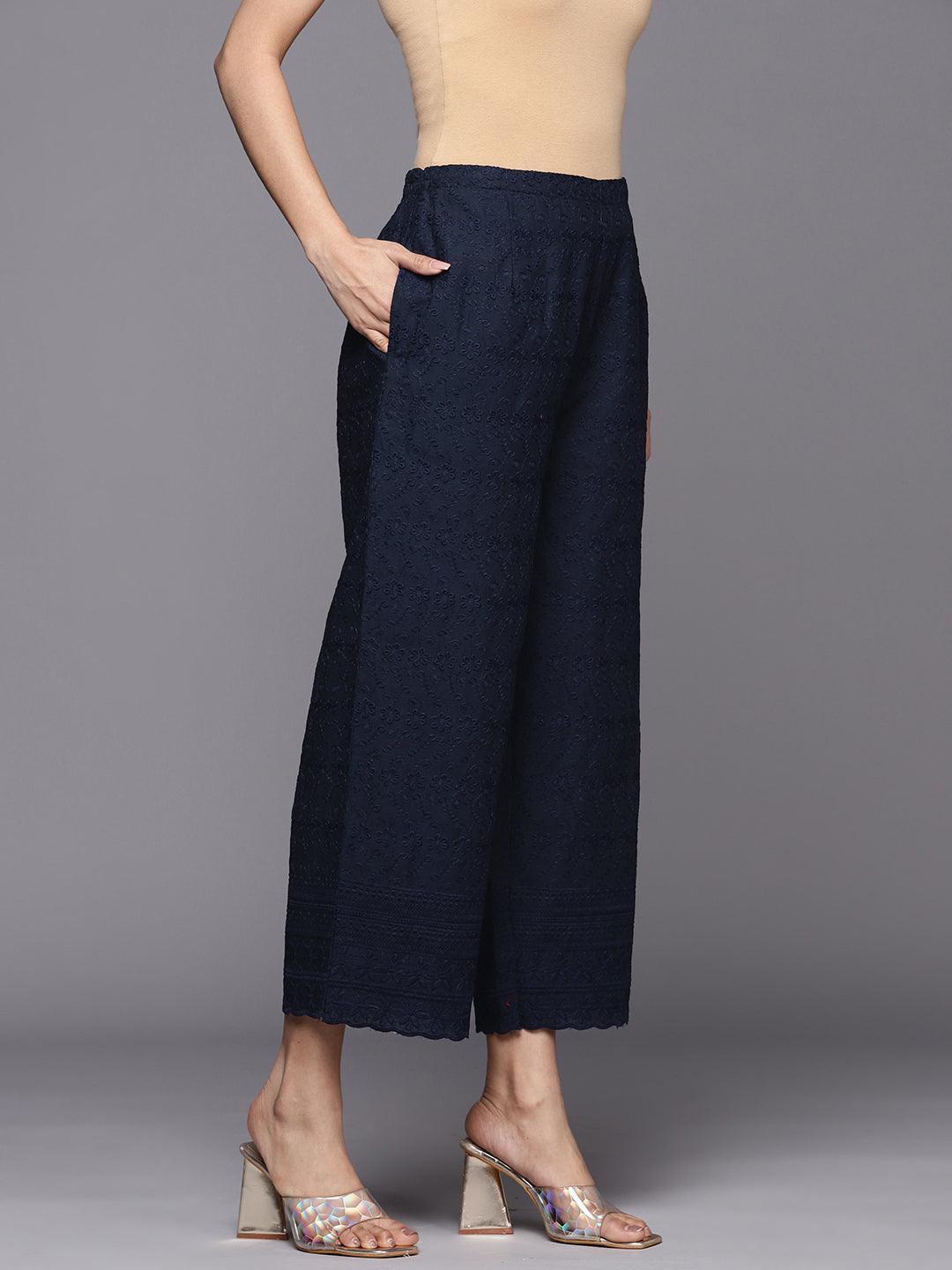 Navy Blue Embroidered Cotton Palazzos