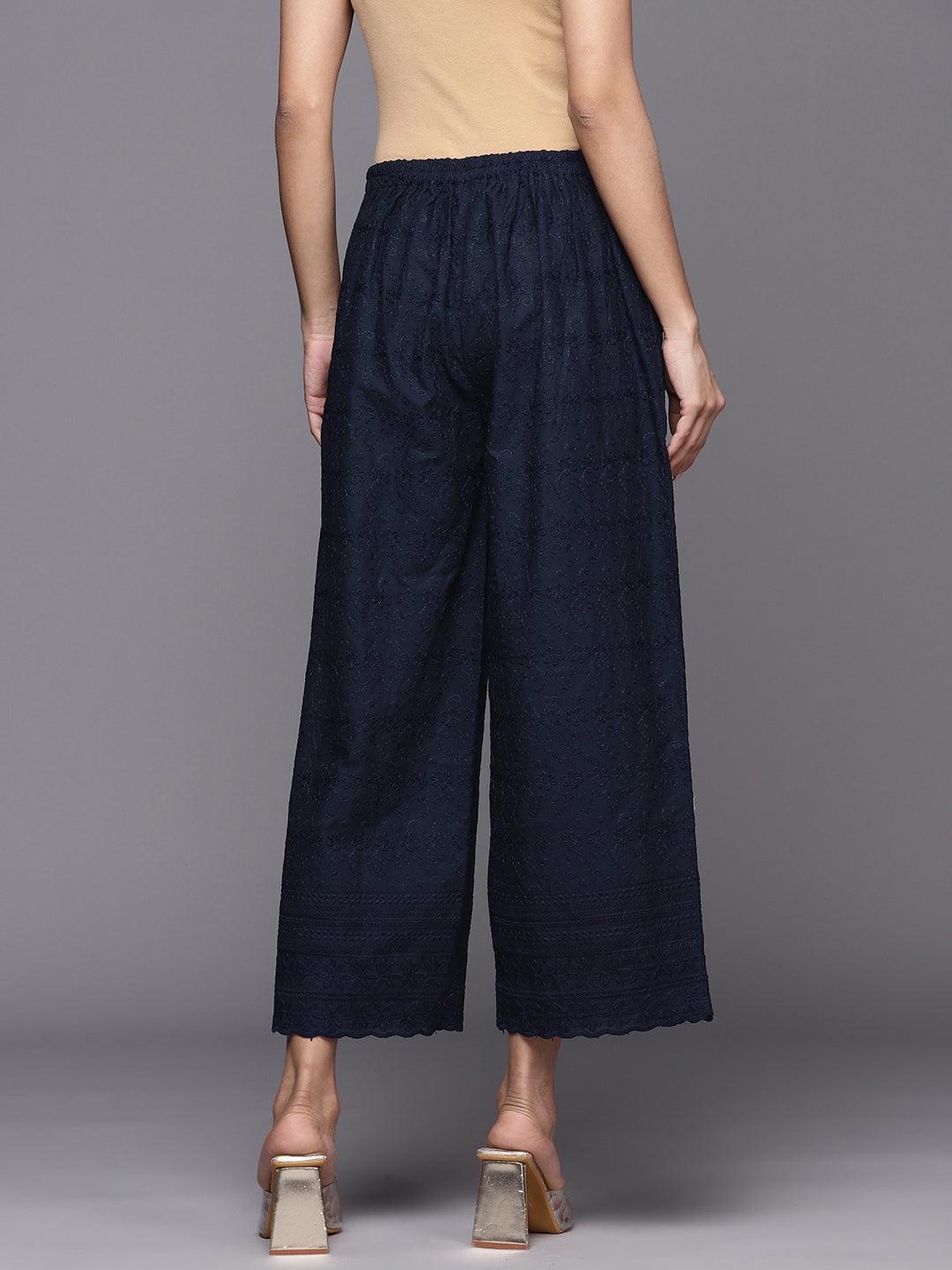 Navy Blue Embroidered Cotton Palazzos