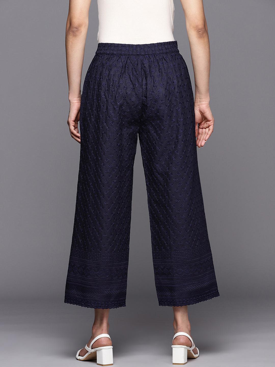 Navy Blue Embroidered Cotton Palazzos