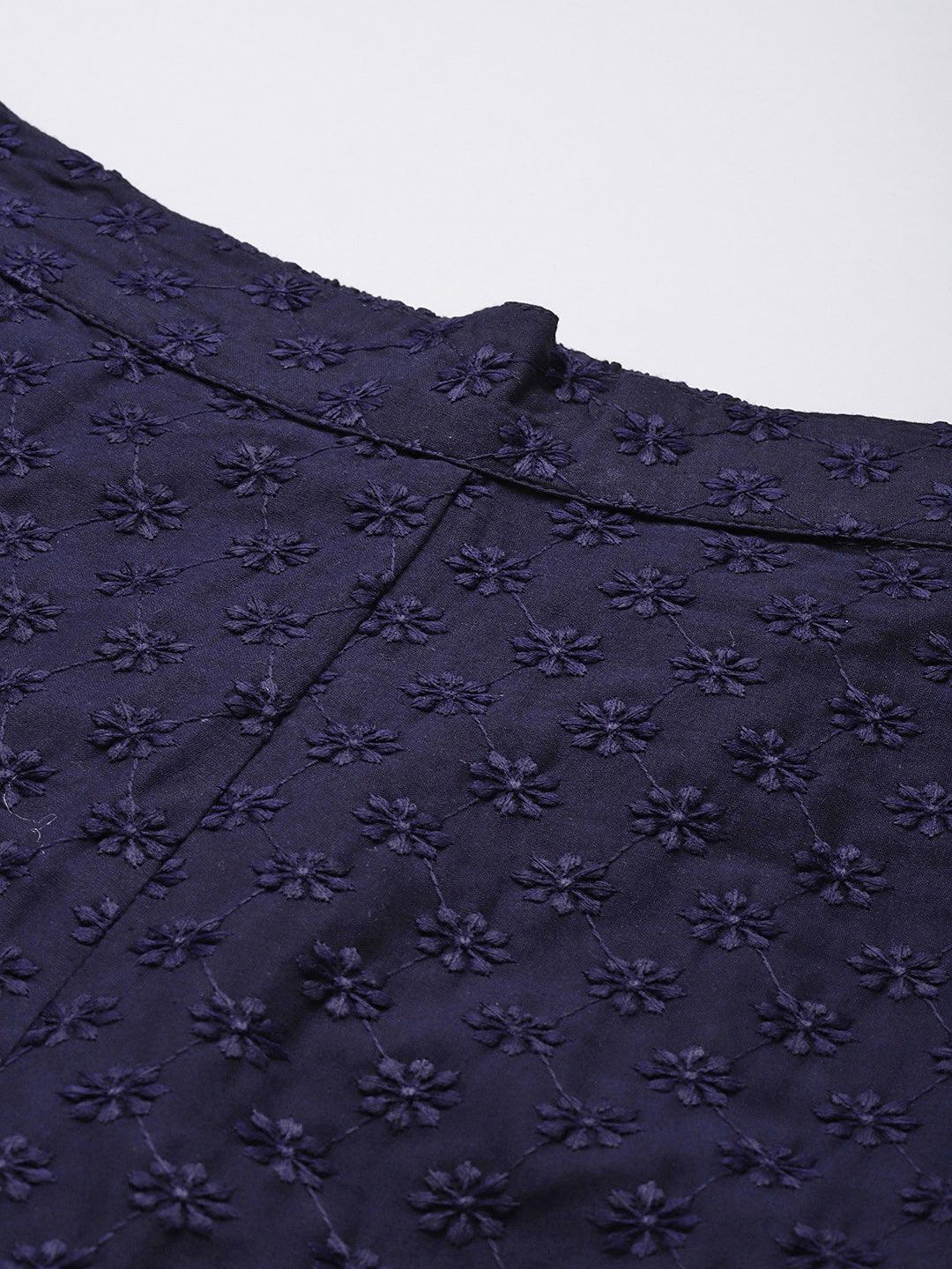 Navy Blue Embroidered Cotton Palazzos