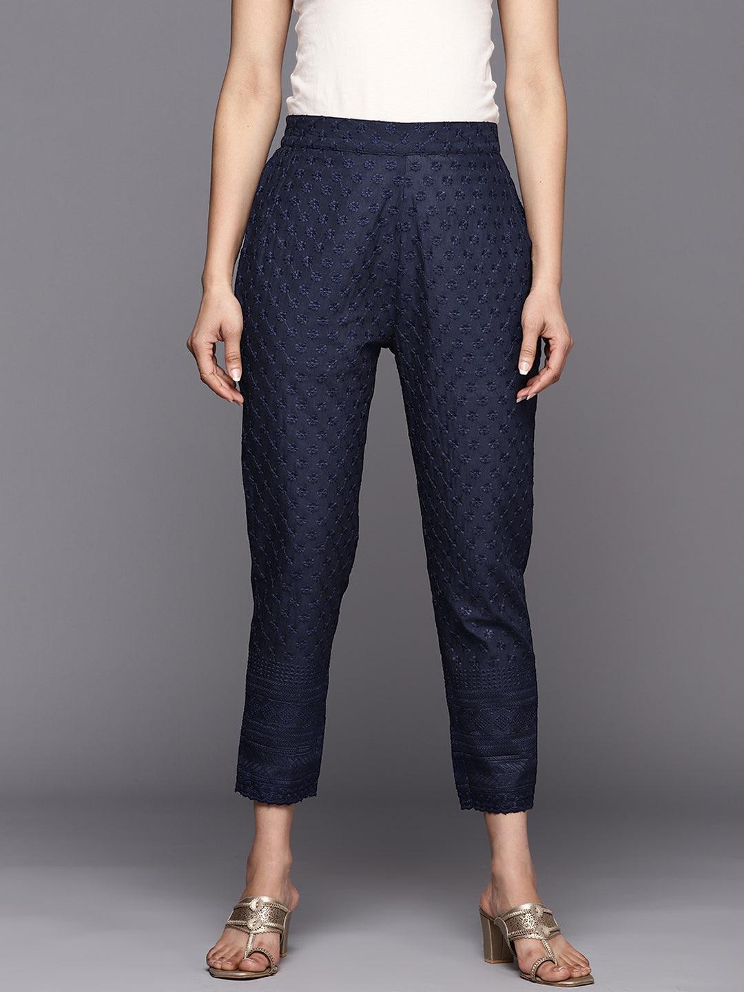 Navy Blue Embroidered Cotton Trousers