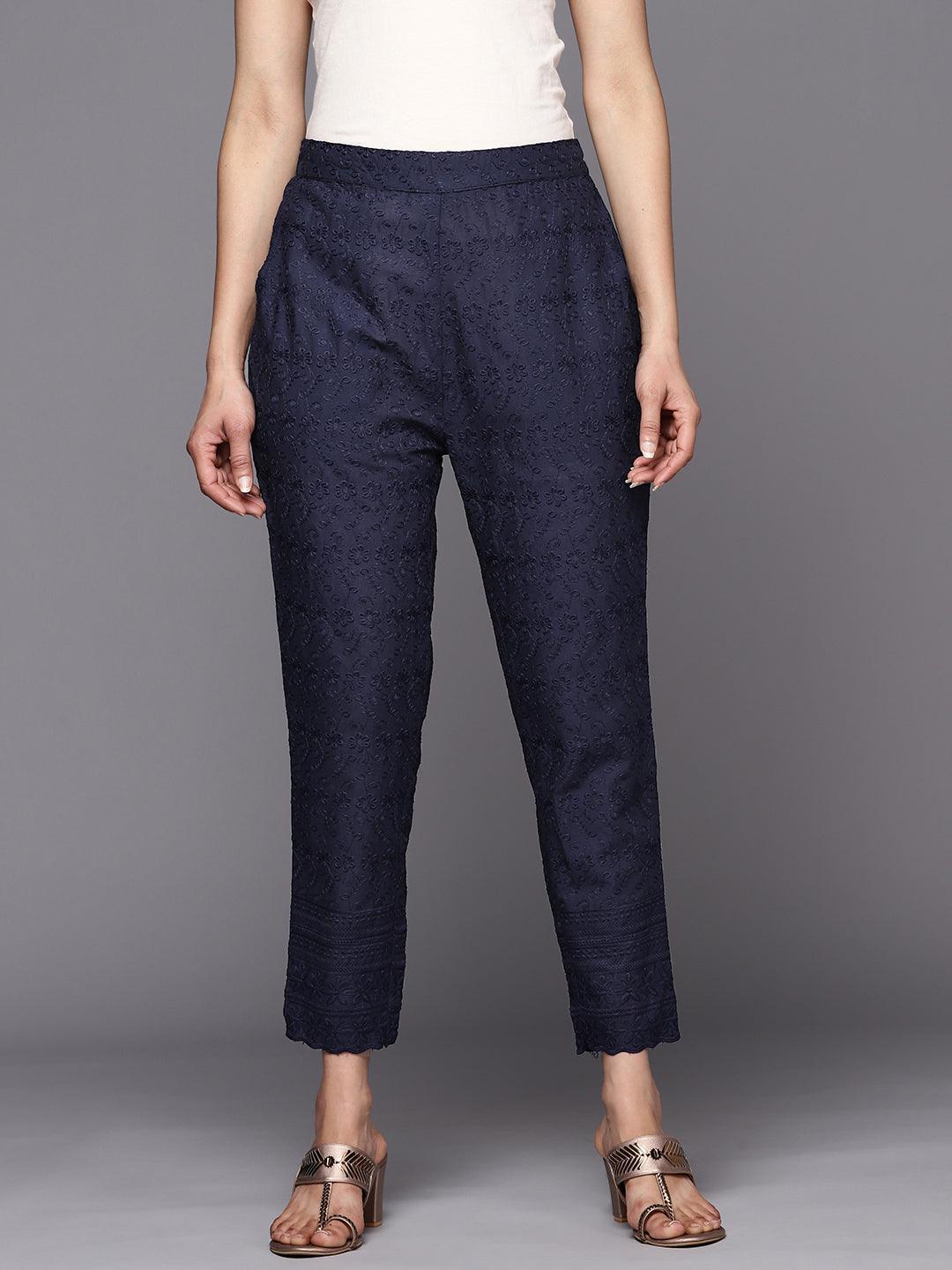 Navy Blue Embroidered Cotton Trousers