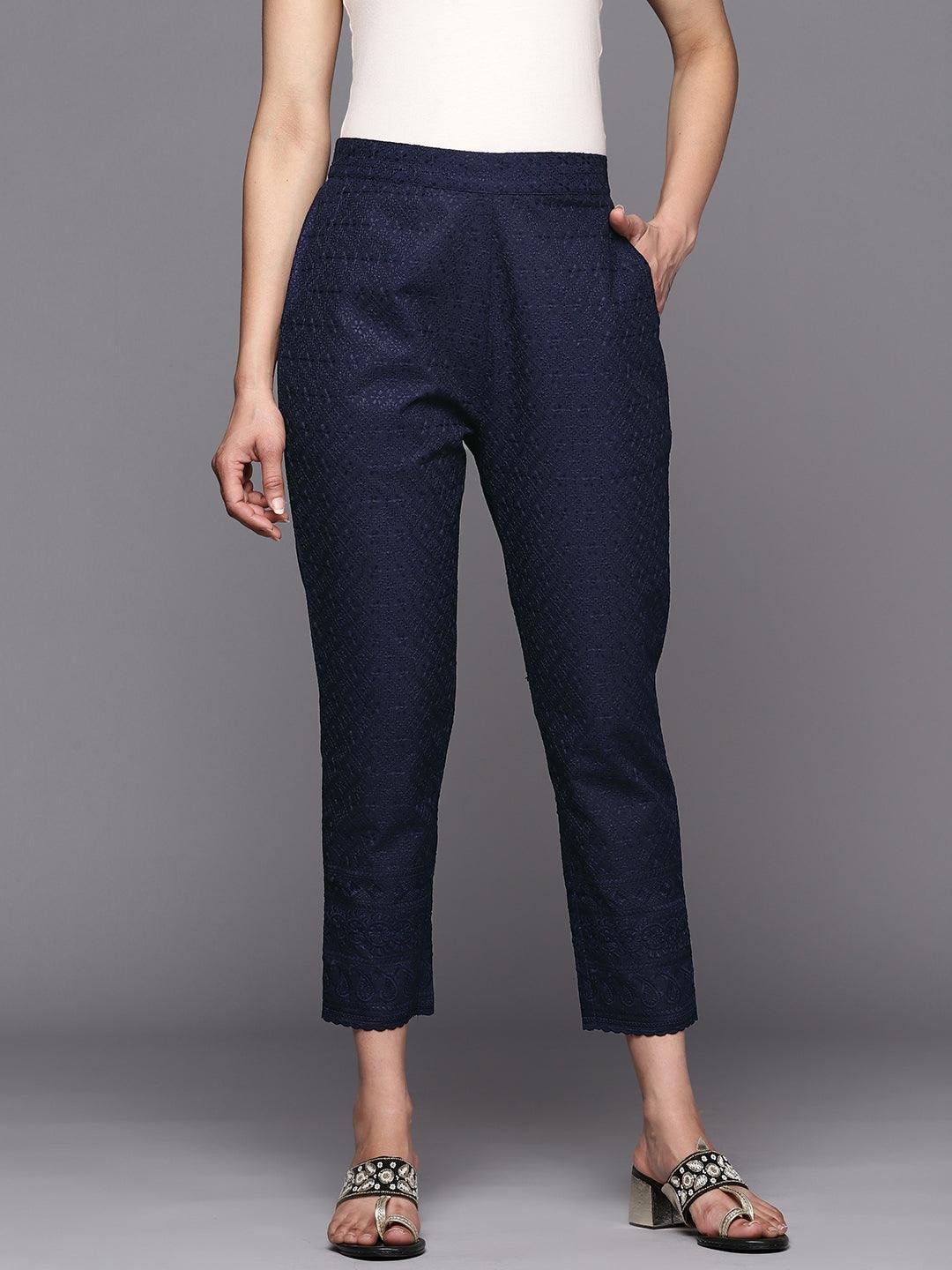 Navy Blue Embroidered Cotton Trousers