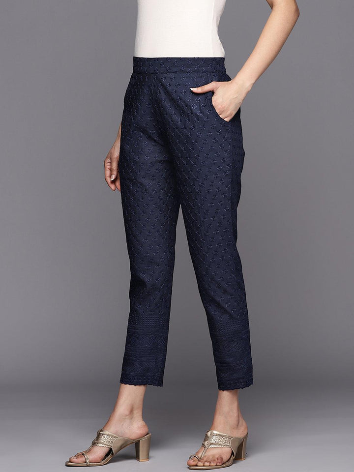 Navy Blue Embroidered Cotton Trousers - ShopLibas