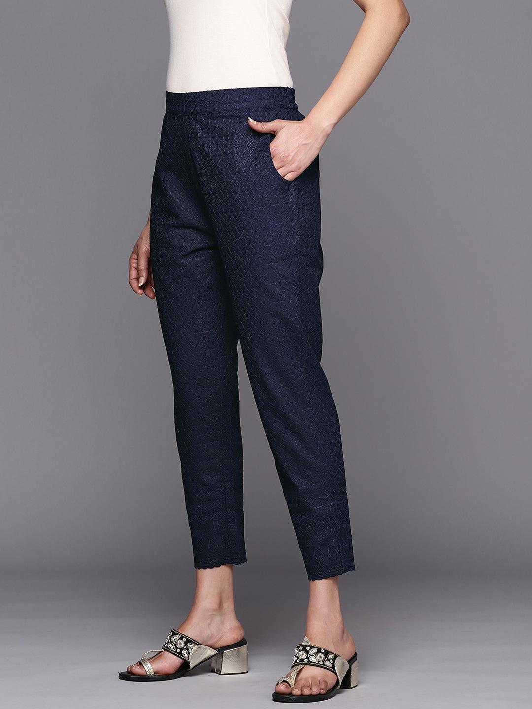 Navy Blue Embroidered Cotton Trousers