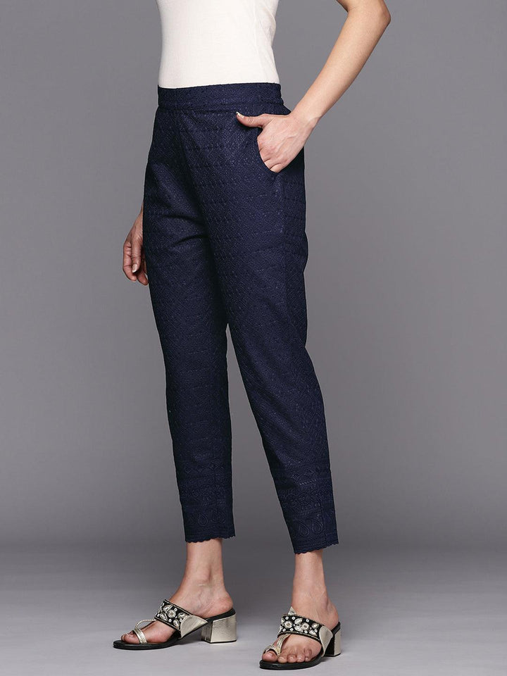 Navy Blue Embroidered Cotton Trousers - ShopLibas