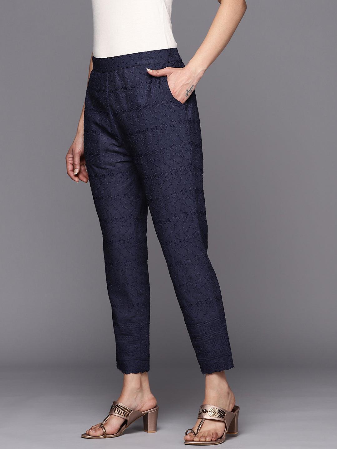 Navy Blue Embroidered Cotton Trousers