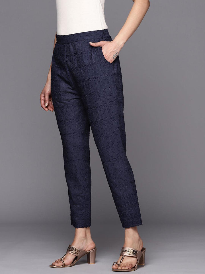 Navy Blue Embroidered Cotton Trousers - ShopLibas