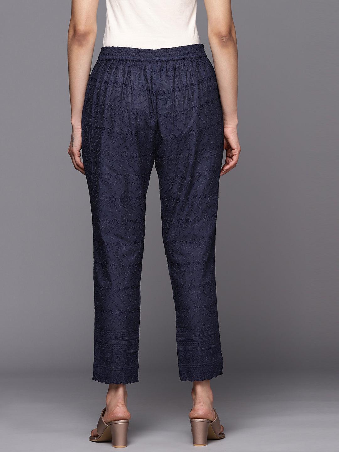 Navy Blue Embroidered Cotton Trousers