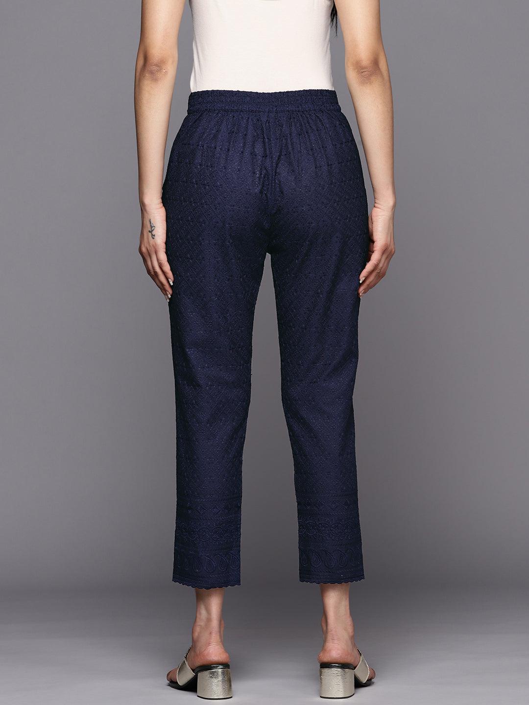 Navy Blue Embroidered Cotton Trousers