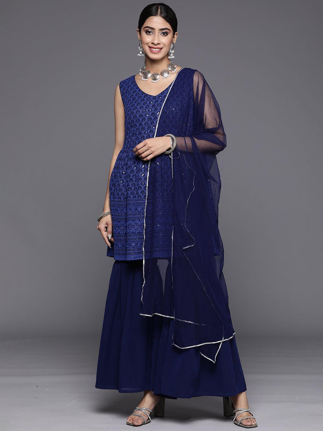 Navy Blue Embroidered Georgette A-Line Suit Set With Sharara