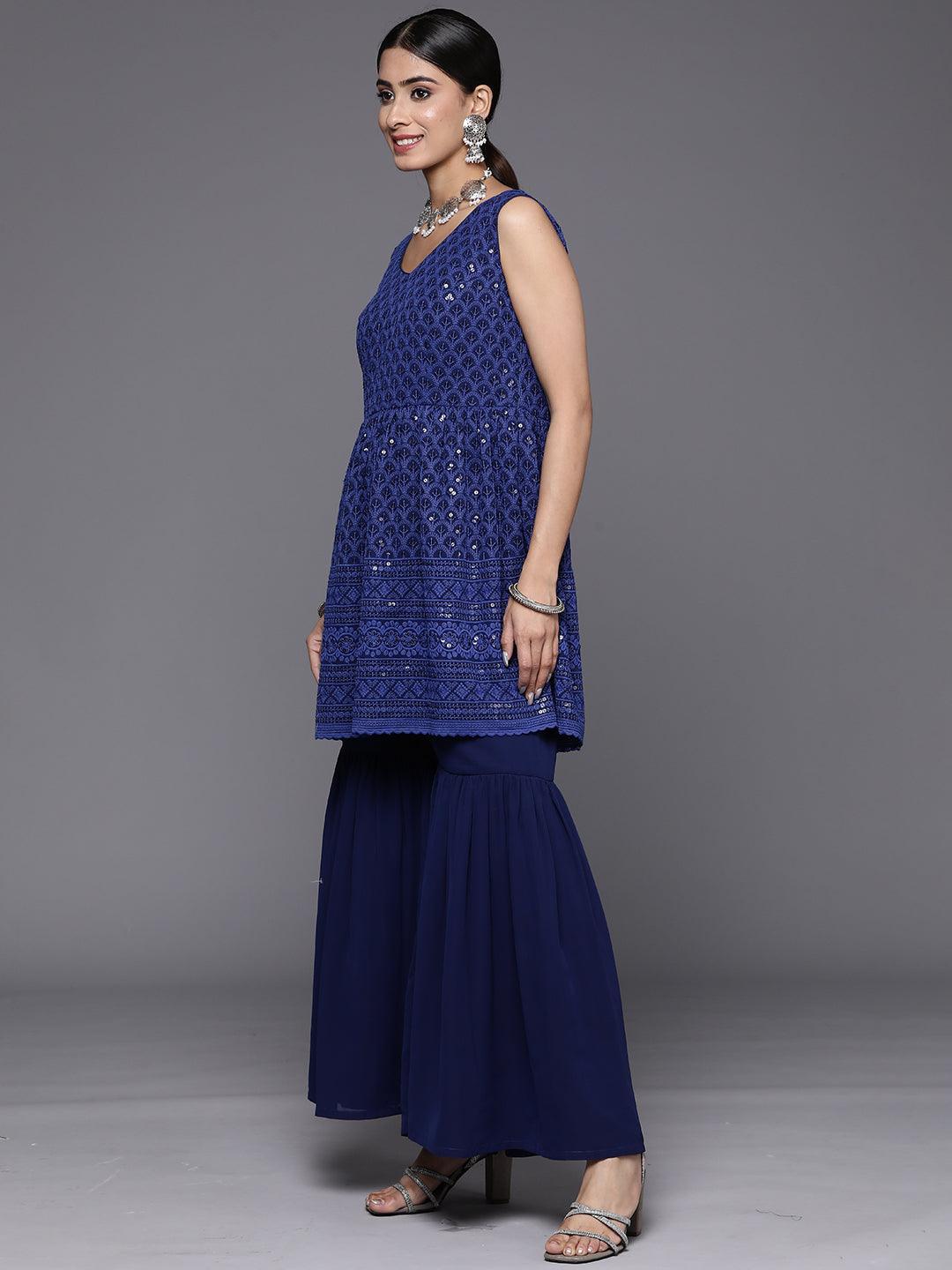 Navy Blue Embroidered Georgette A-Line Suit Set With Sharara