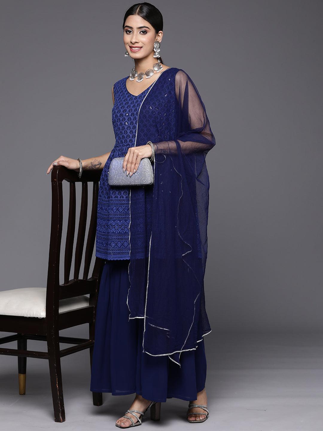 Navy Blue Embroidered Georgette A-Line Suit Set With Sharara