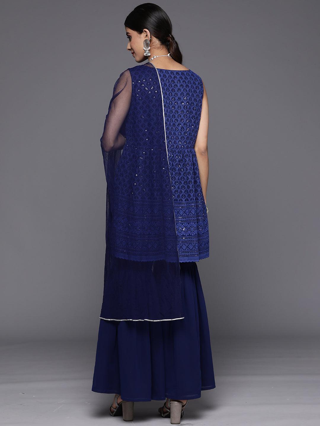 Navy Blue Embroidered Georgette A-Line Suit Set With Sharara