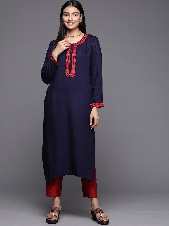 Navy Blue Embroidered Pashmina Wool Straight Kurta - Libas