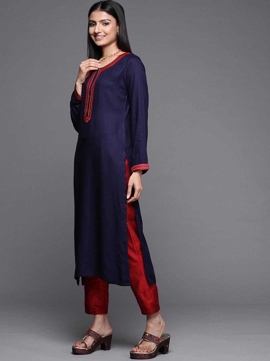 Navy Blue Embroidered Pashmina Wool Straight Kurta - Libas