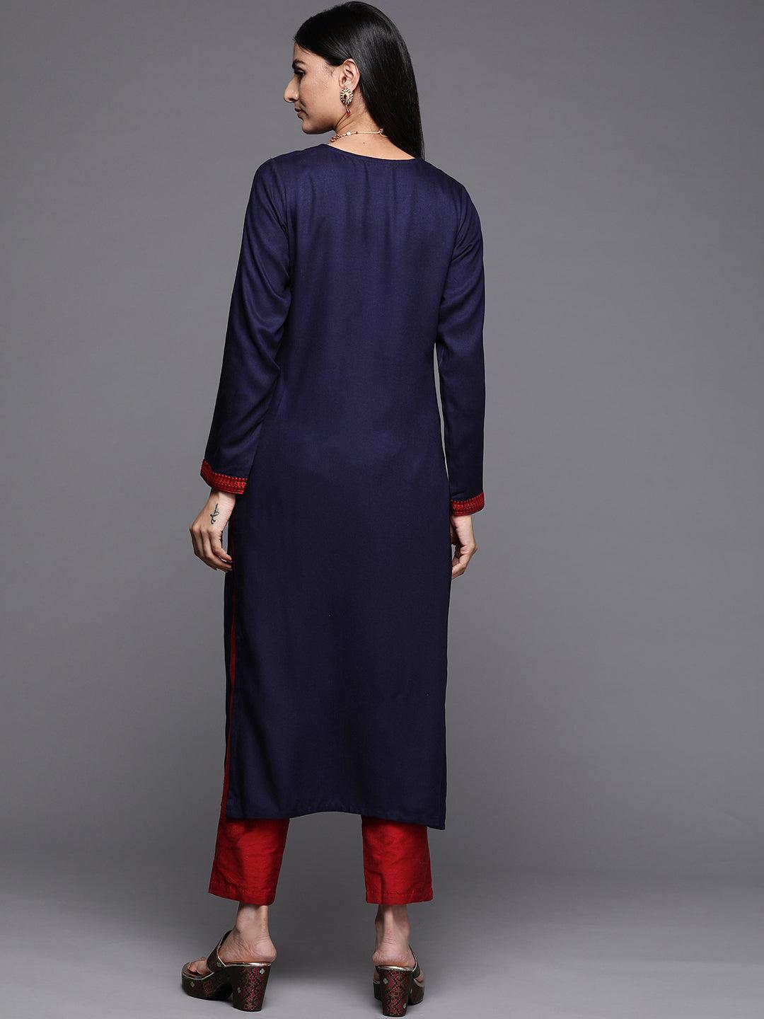 Navy Blue Embroidered Pashmina Wool Straight Kurta - Libas