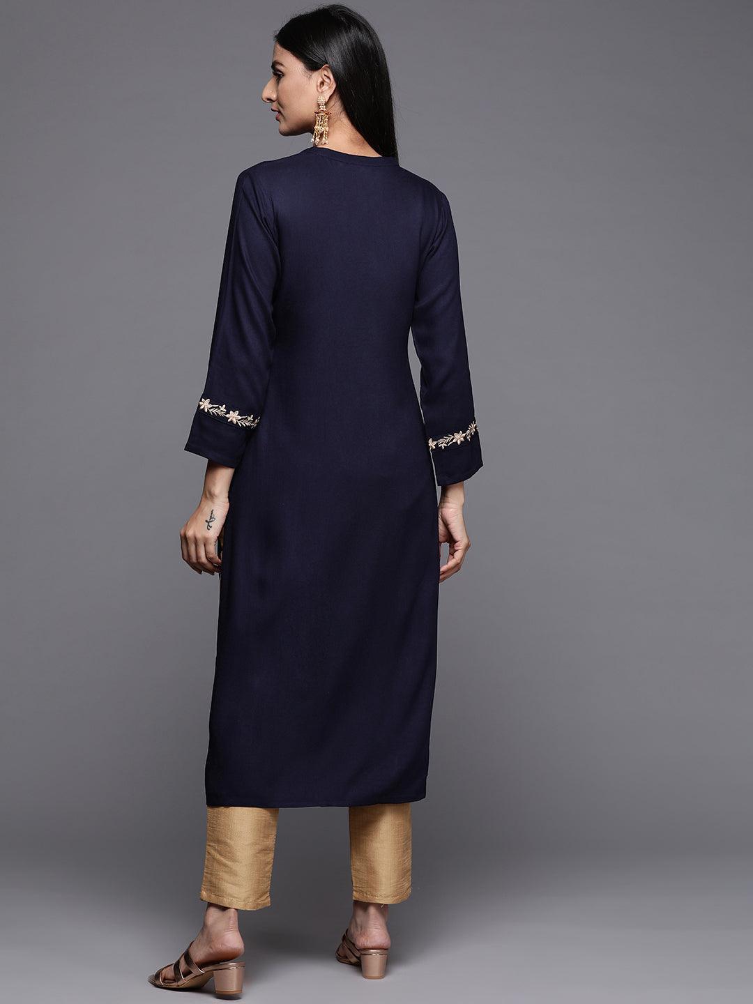 Navy Blue Embroidered Pashmina Wool Straight Kurta - Libas