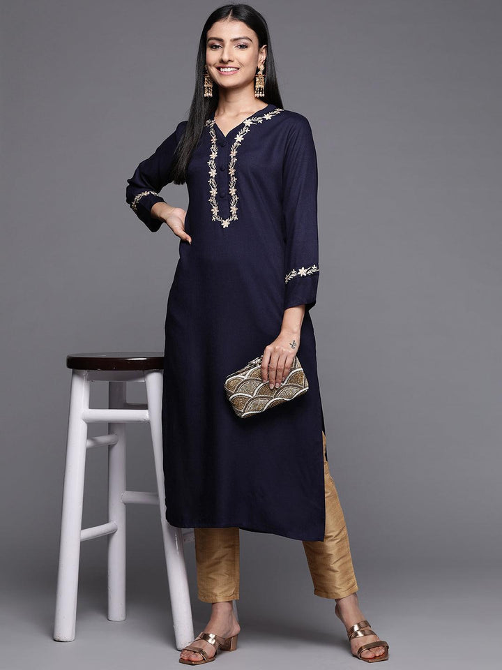 Navy Blue Embroidered Pashmina Wool Straight Kurta - Libas