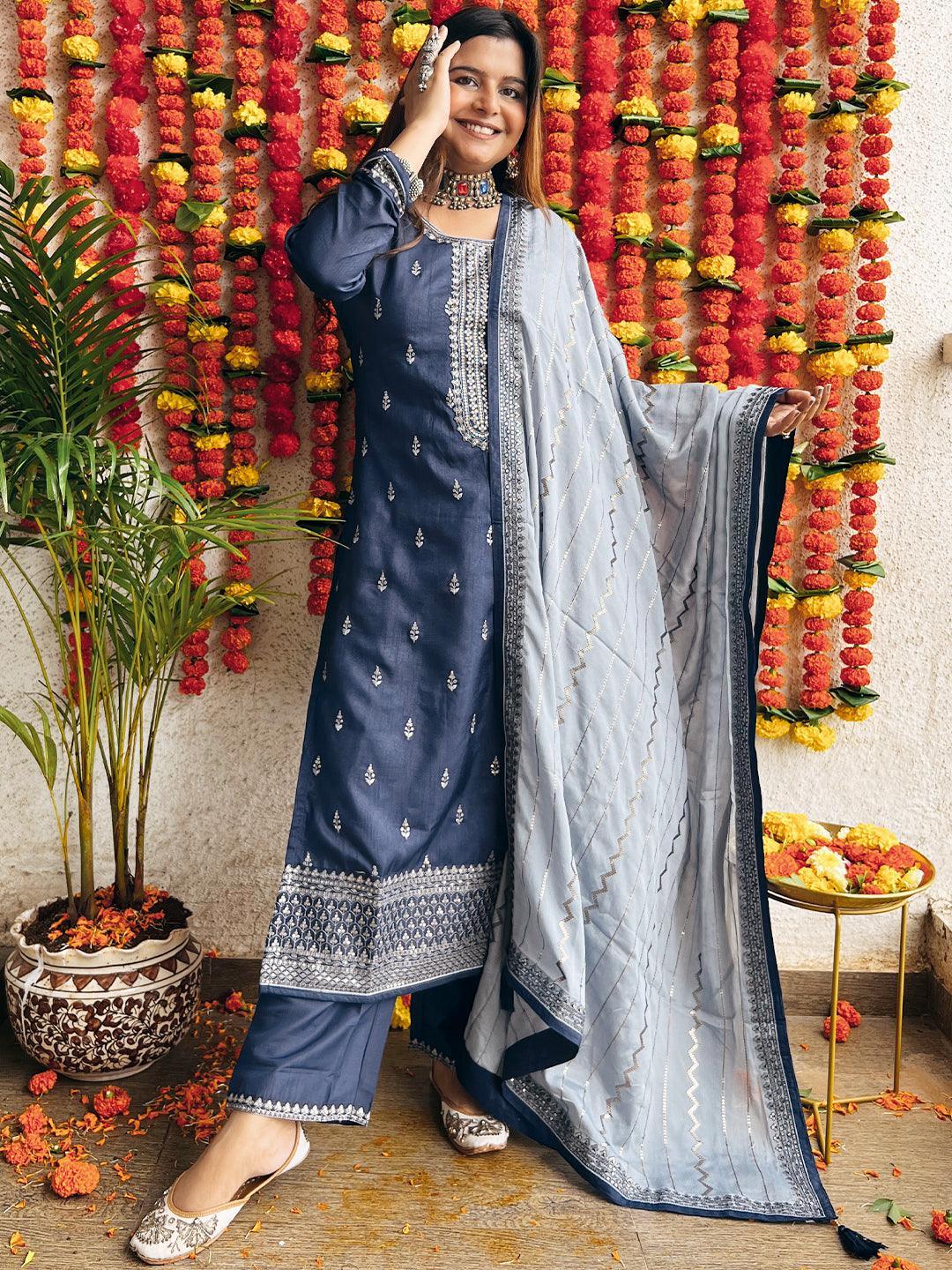 Navy Blue Embroidered Silk Blend Straight Suit Set - ShopLibas