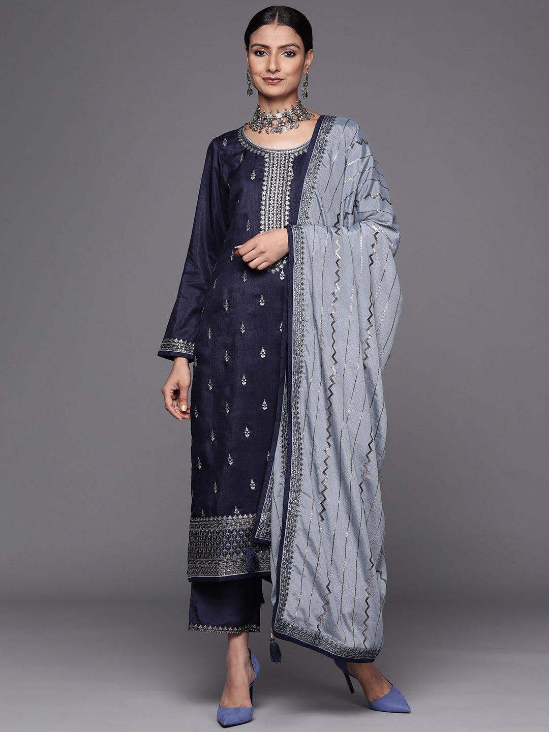 Navy Blue Embroidered Silk Blend Straight Suit Set