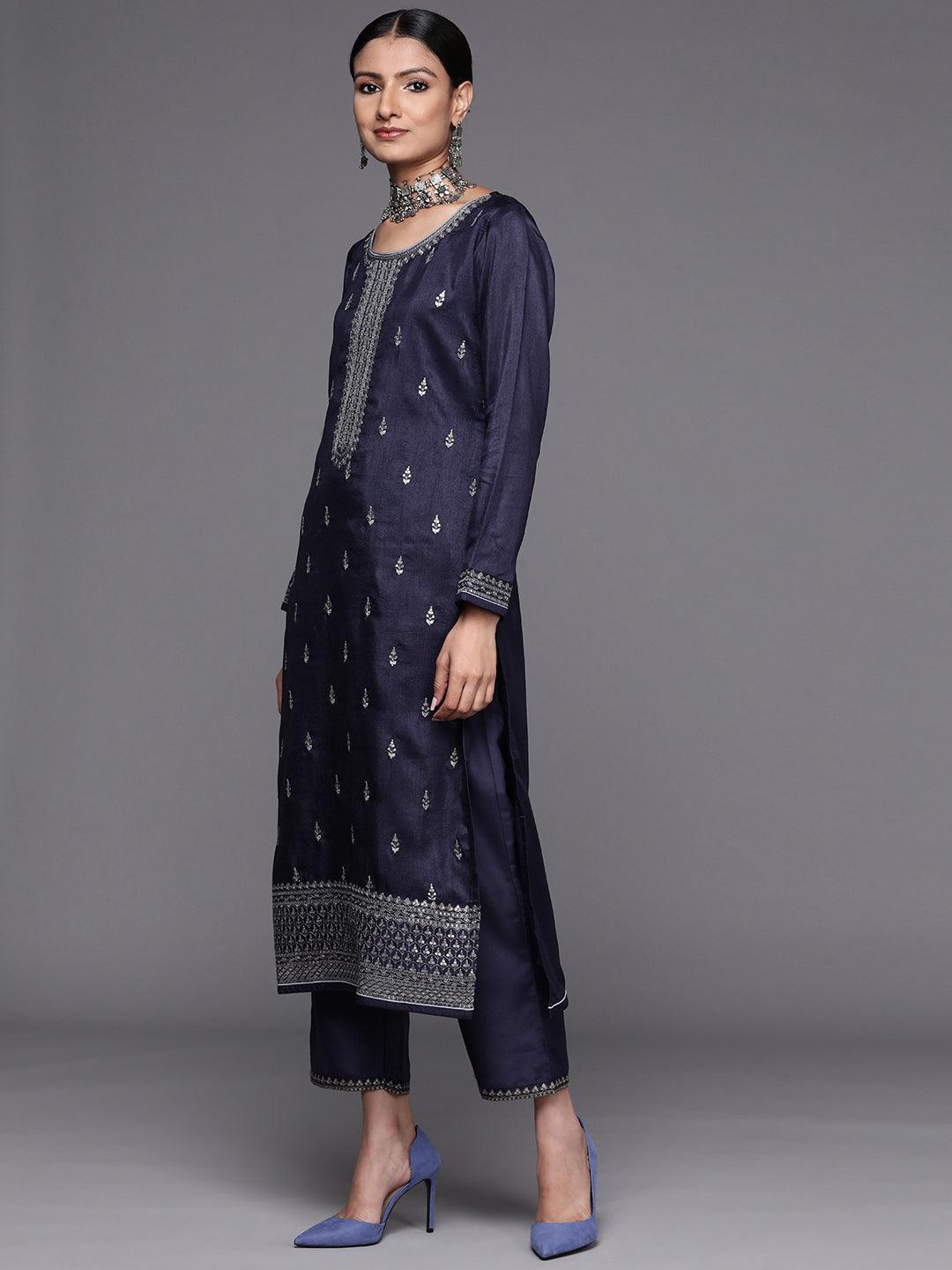 Navy Blue Embroidered Silk Blend Straight Suit Set - ShopLibas