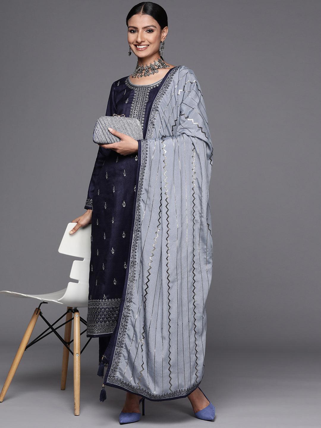 Navy Blue Embroidered Silk Blend Straight Suit Set - ShopLibas