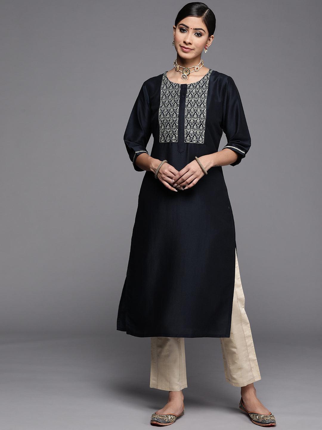 Navy Blue Embroidered Silk Kurta