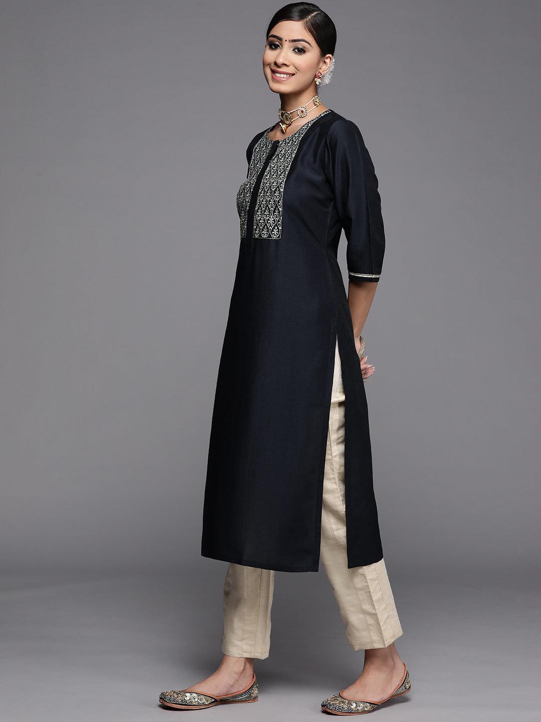 Navy Blue Embroidered Silk Kurta