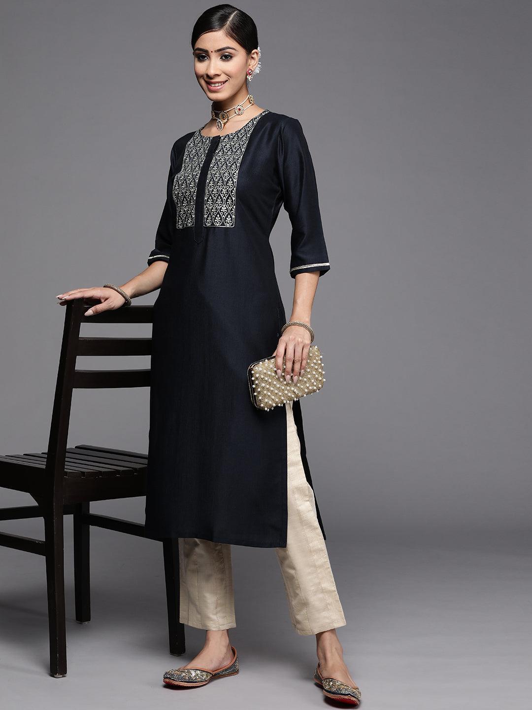 Navy Blue Embroidered Silk Kurta