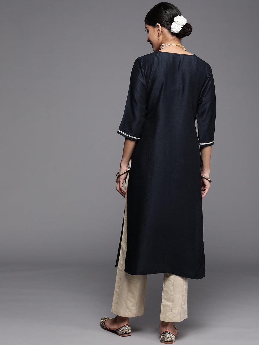 Navy Blue Embroidered Silk Kurta