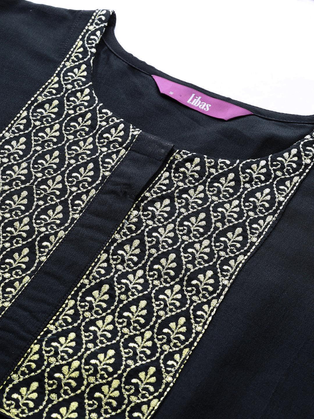 Navy Blue Embroidered Silk Kurta