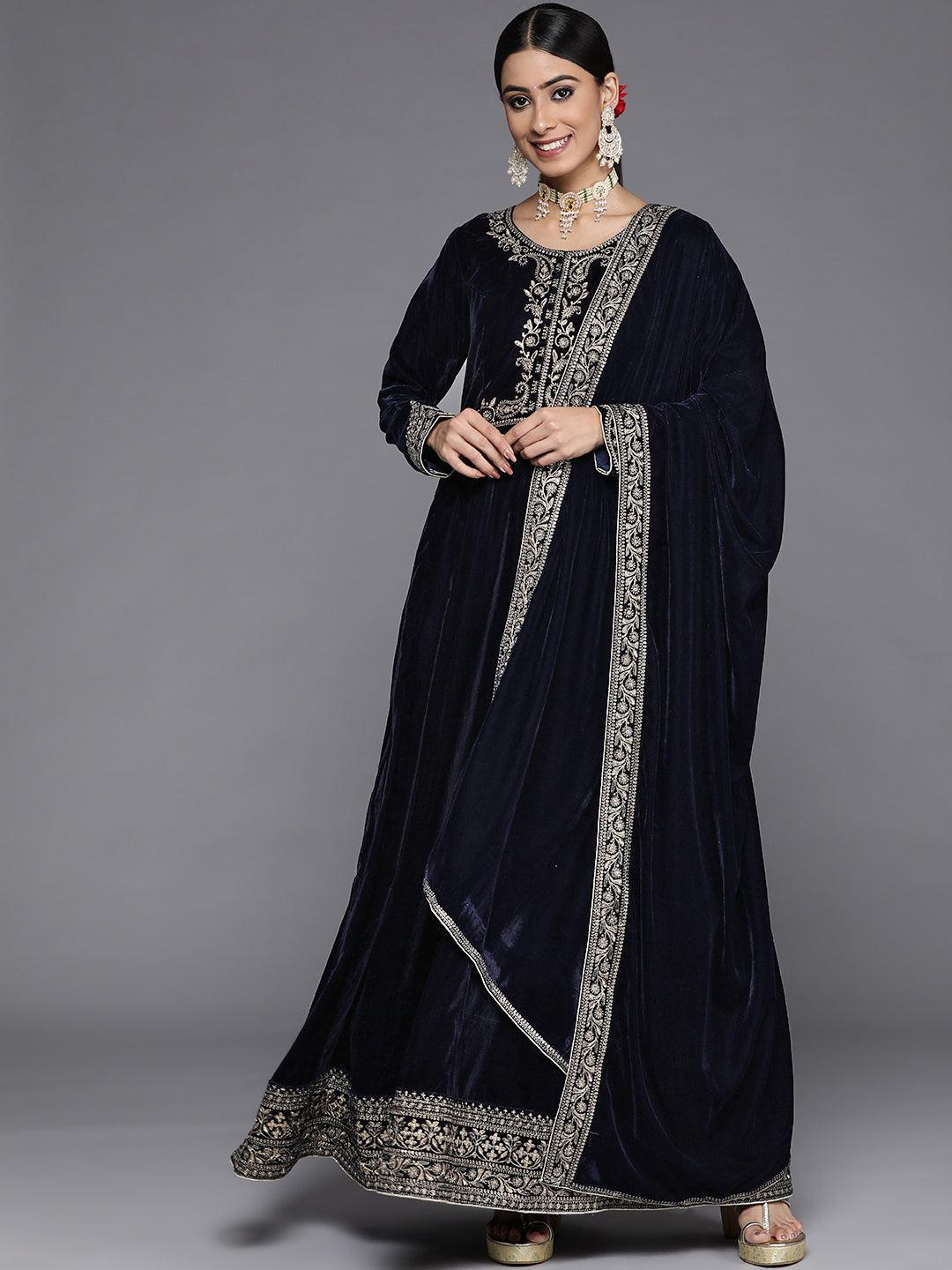 Navy Blue Embroidered Velvet Anarkali Kurta With Trousers & Dupatta