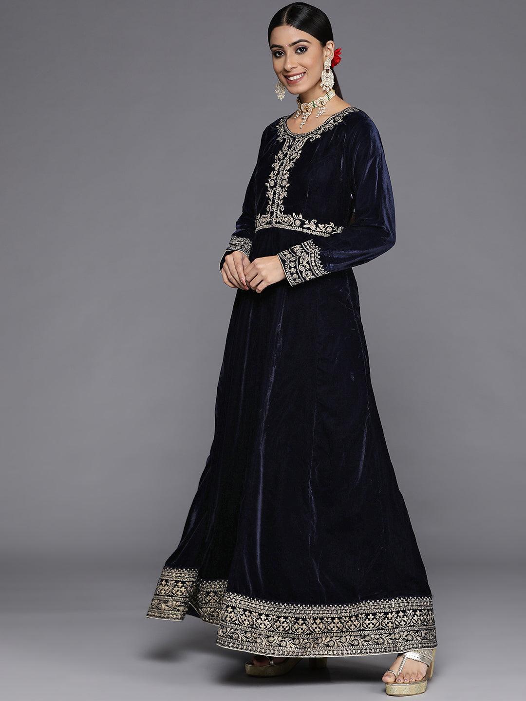 Navy Blue Embroidered Velvet Anarkali Kurta With Trousers & Dupatta