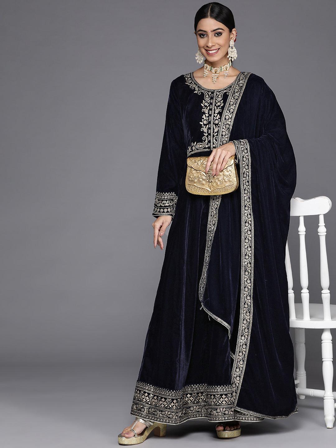 Navy Blue Embroidered Velvet Anarkali Kurta With Trousers & Dupatta