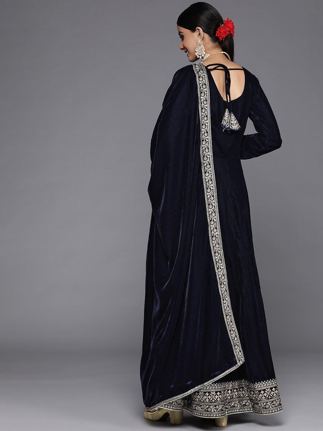 Navy Blue Embroidered Velvet Anarkali Kurta With Trousers & Dupatta