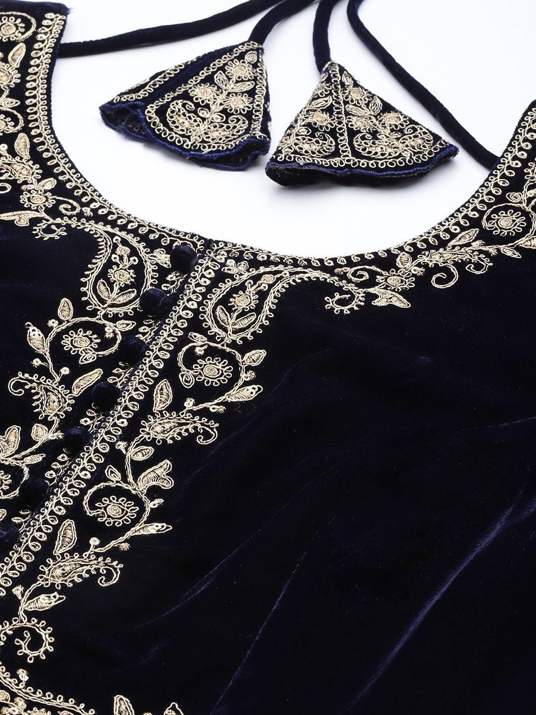 Navy Blue Embroidered Velvet Anarkali Kurta With Trousers & Dupatta