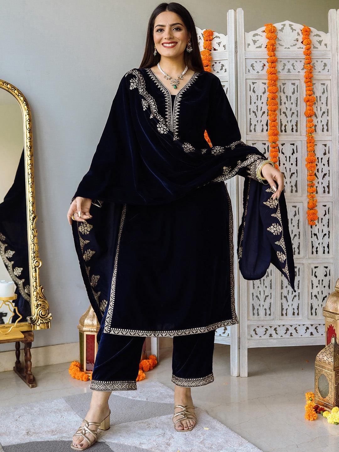 Navy Blue Embroidered Velvet Straight Suit Set