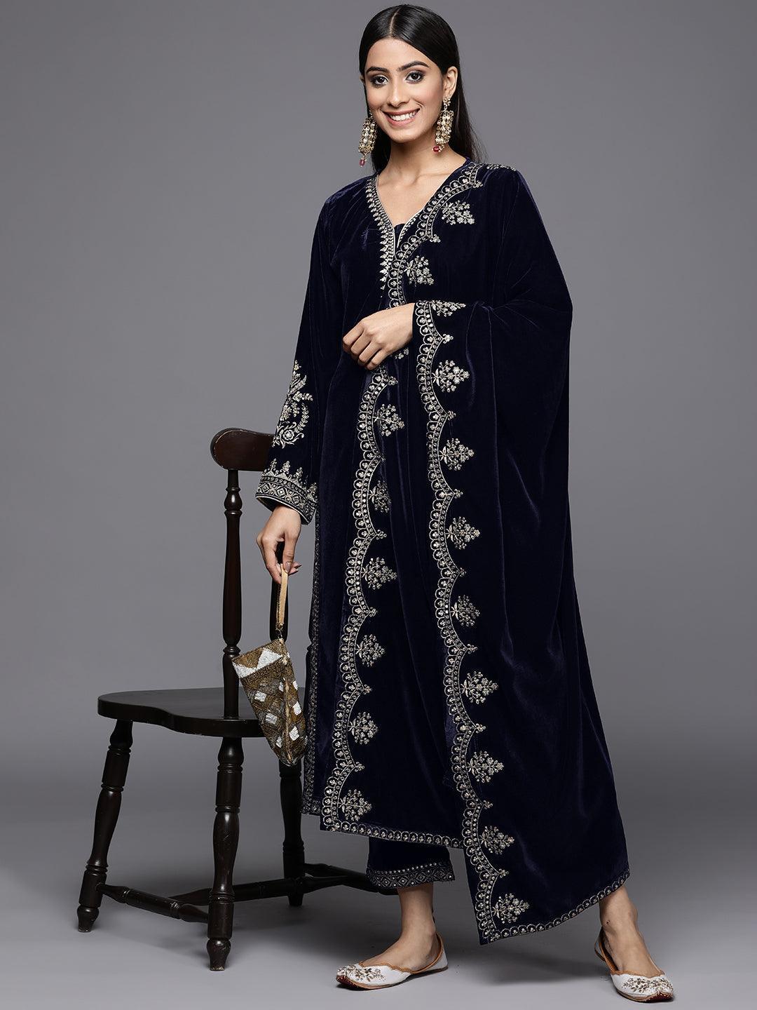 Navy Blue Embroidered Velvet Straight Suit Set