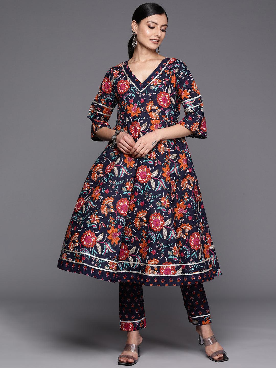 Navy Blue Printed Cotton Anarkali Kurta Set With Trousers - ShopLibas