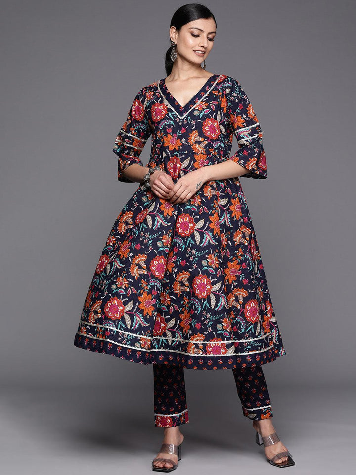 Navy Blue Printed Cotton Anarkali Kurta Set With Trousers - ShopLibas