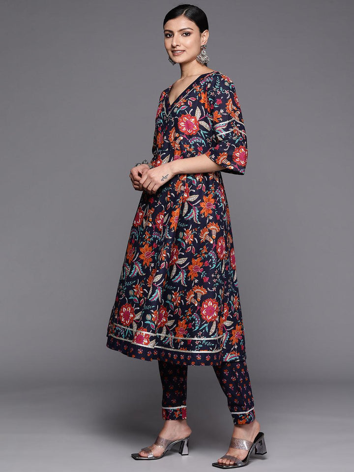 Navy Blue Printed Cotton Anarkali Kurta Set With Trousers - ShopLibas