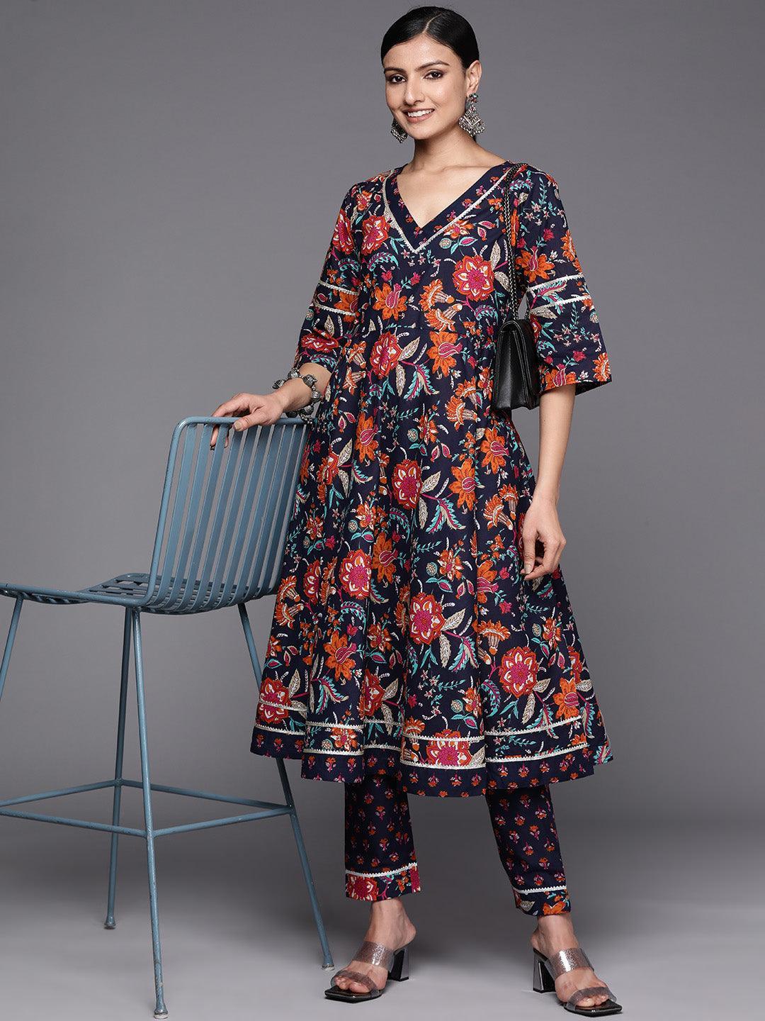 Navy Blue Printed Cotton Anarkali Kurta Set With Trousers - ShopLibas