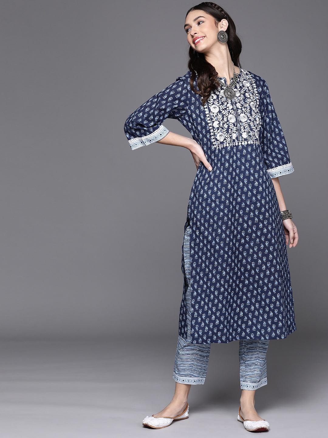 Navy Blue Printed Cotton Kurta - Libas